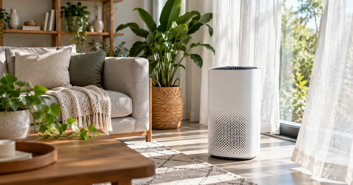A modern air purifier in a living room near a window