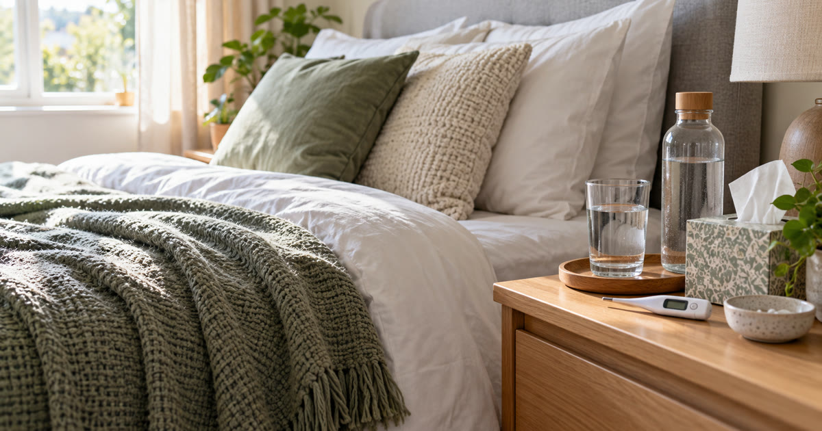 A cozy bedroom prepared for a sick person with water, tissues, and a thermometer