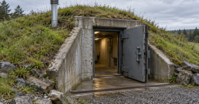 The entrance to an underground bunker with a metal door