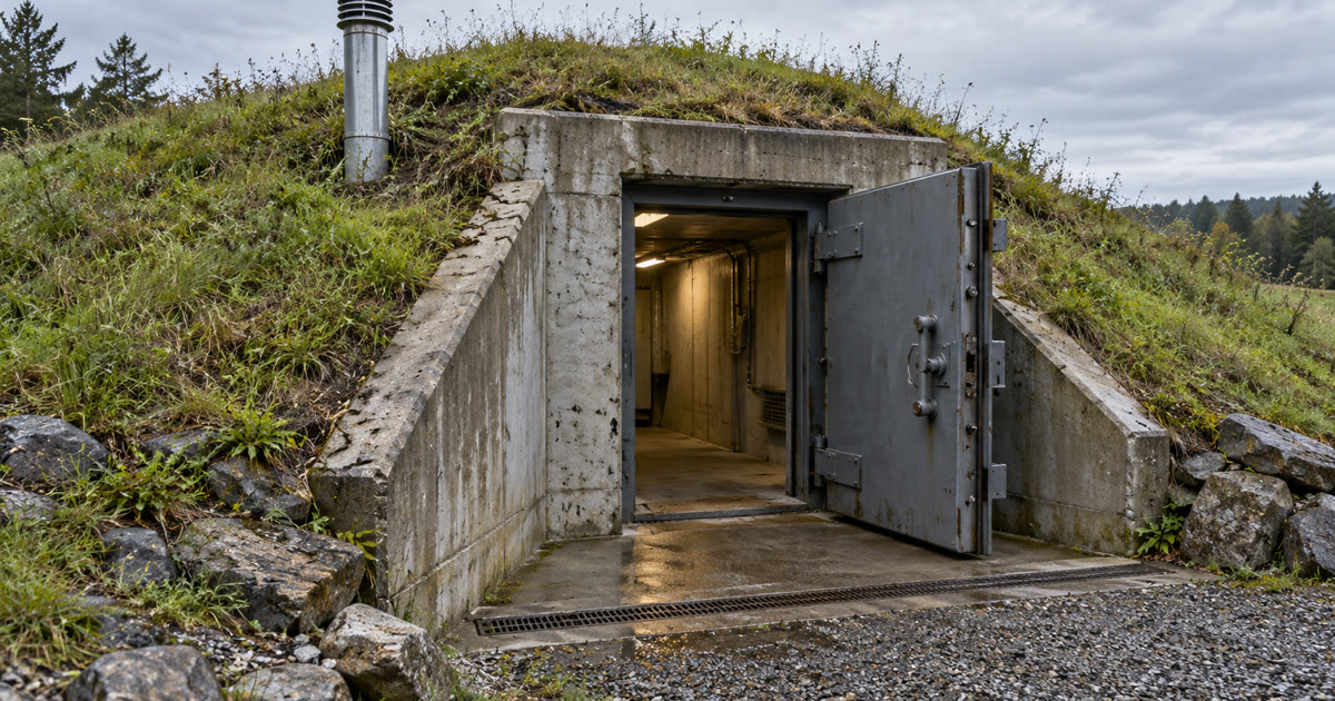 The entrance to an underground bunker with a metal door