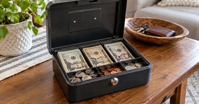 A small fireproof cash box with neatly stacked small bills and coins