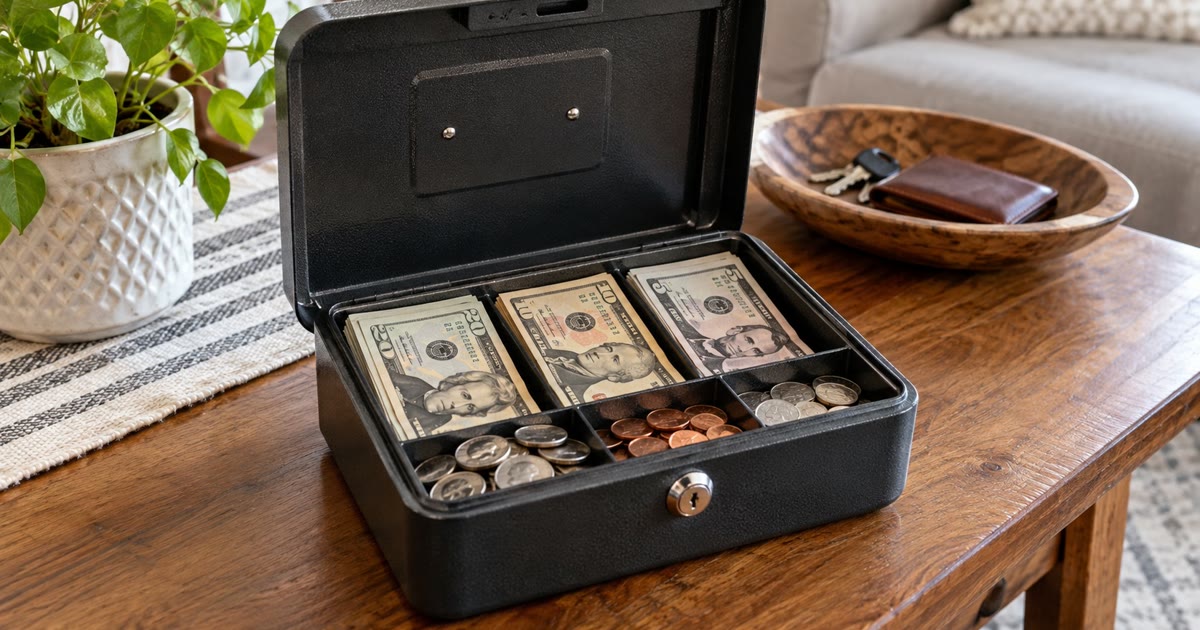 A small fireproof cash box with neatly stacked small bills and coins
