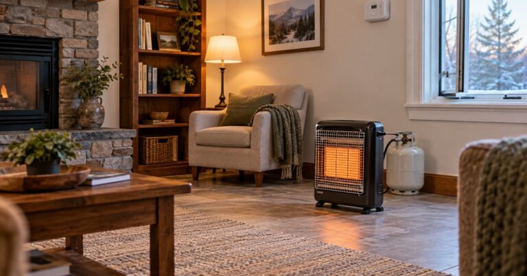 A propane heater in a cozy closed-off room with a carbon monoxide detector on the wall