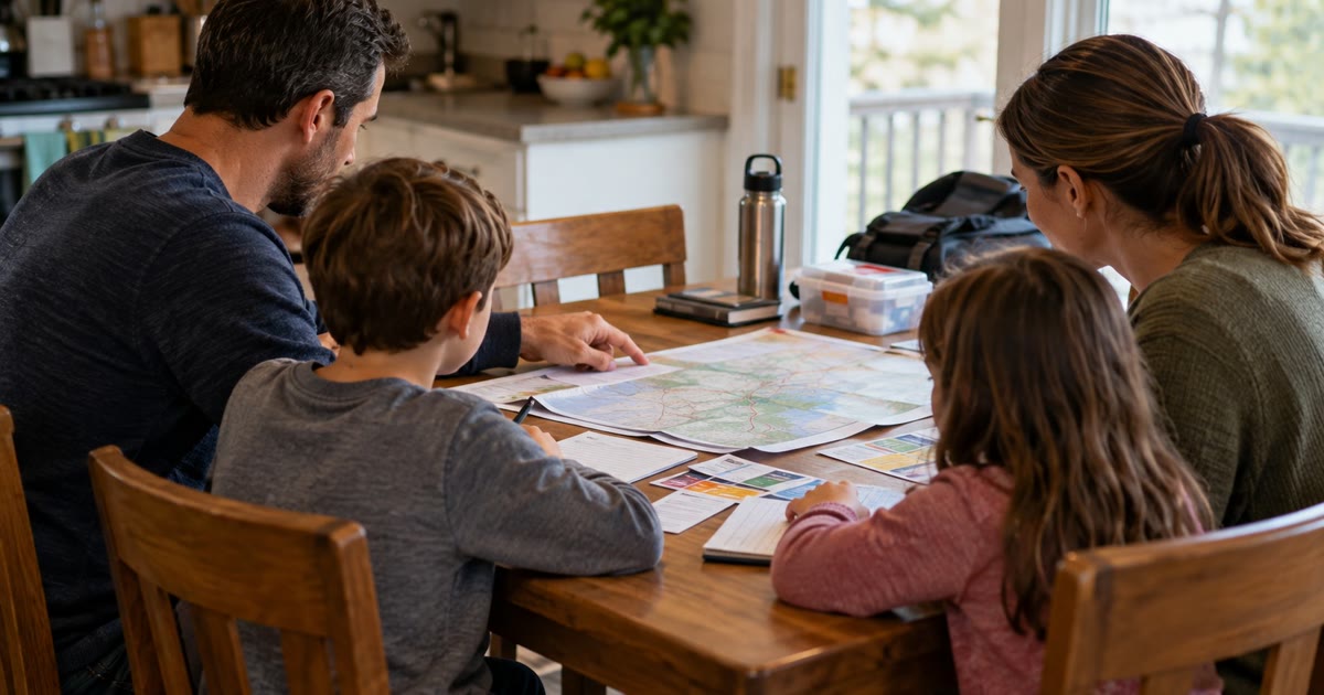 A family at a kitchen table with a printed emergency plan and contact cards