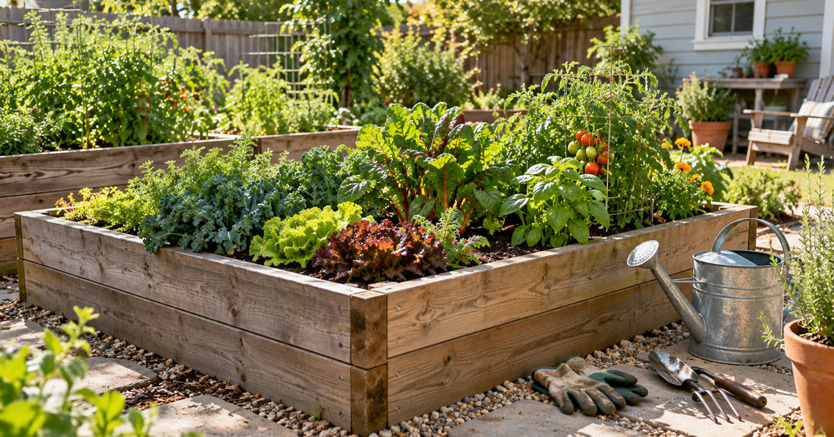 Raised garden beds with vegetables and a watering can in a sunny backyard