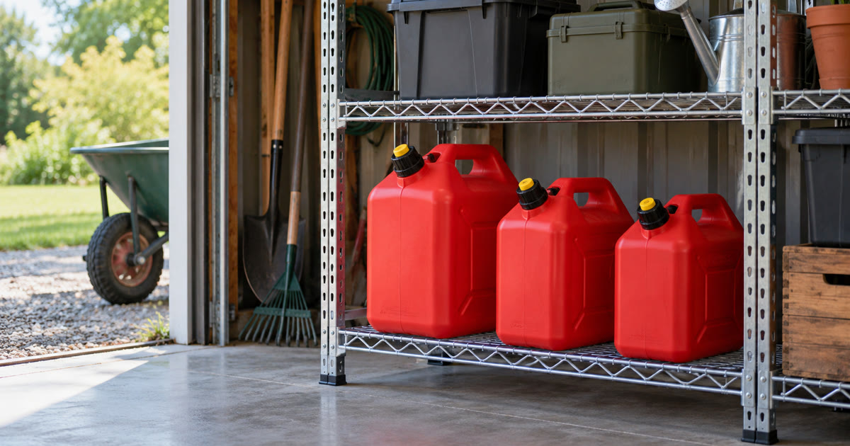 Gasoline containers on a shelf in a garage away from the house
