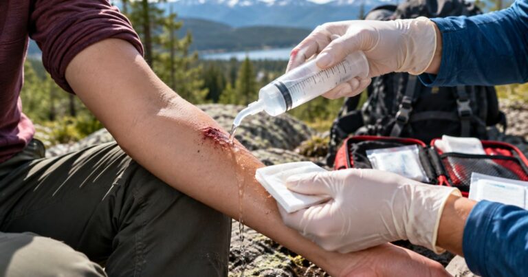 Cleaning a hand wound outdoors with an irrigation syringe and gauze
