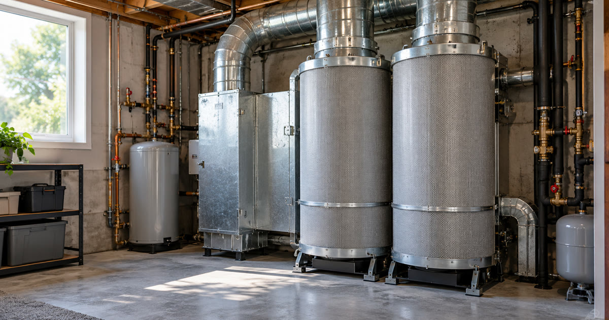 An industrial air filtration system with pipes in a basement room
