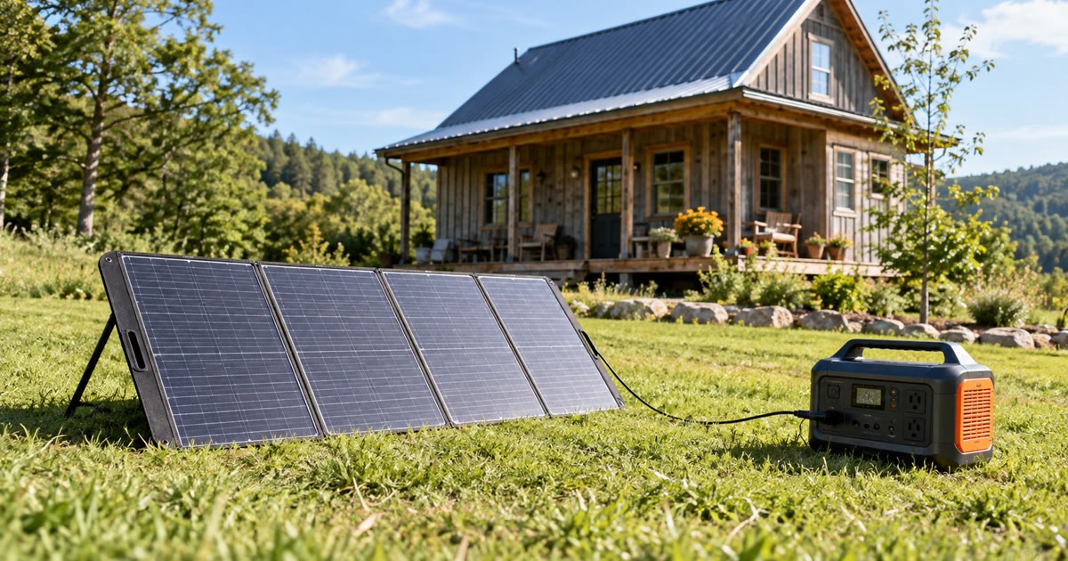 A portable solar panel on grass charging a power station with a rural cabin behind