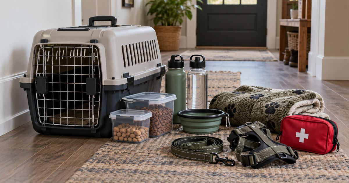 A pet carrier with food, water, and a leash nearby
