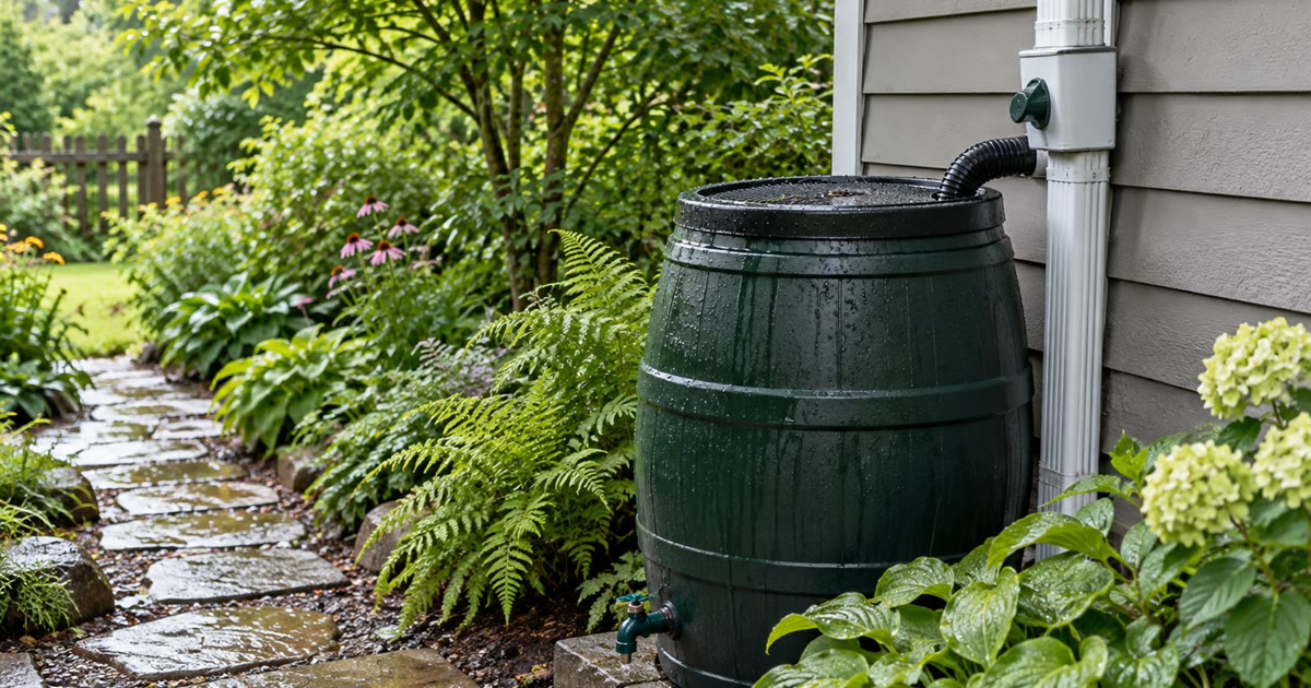 A rain barrel with a first-flush diverter beside a house downspout and green garden