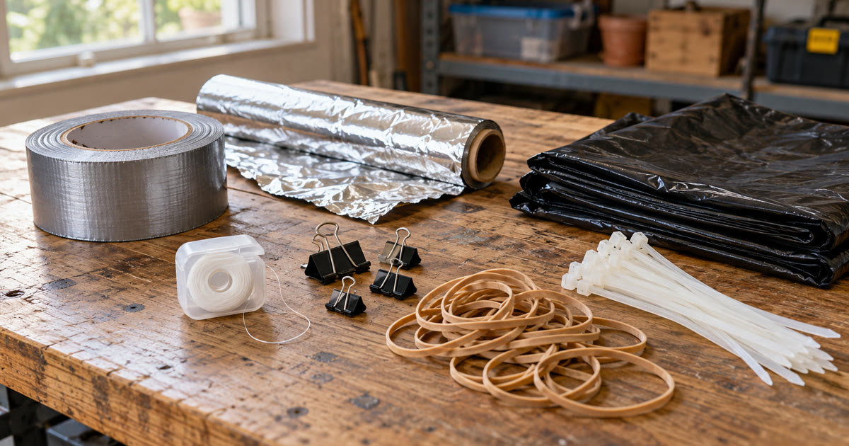 A set of household items on a table: duct tape, foil, dental floss, bags